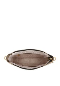 Borsa a tracolla nera con zip, caratterizzata da un esterno liscio e un interno beige con motivo a monogramma. Include accessori in tonalità dorata.