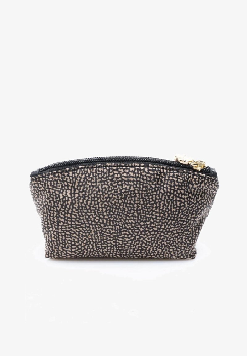 Borsa con zip caratterizzata da un motivo testurizzato in nero e beige, leggermente ovale, realizzata in materiale liscio e con dettagli in hardware color oro.