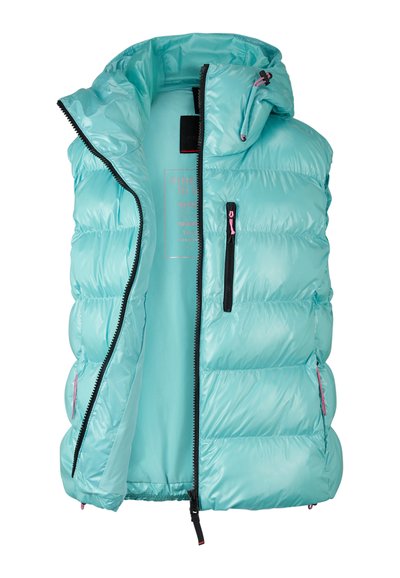 Helle blaue, wattierte Weste mit Kapuze, mit einem Frontreißverschluss und zwei Seitentaschen, aus glänzendem, glattem Material. Schwarze und rosa Akzente.