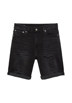 Čierne rifle s krátkymi nohavicami s otočenými lemami a opotrebovanými detailmi na predných stehnách a vreckách, so zapínaním na gombík a zips.