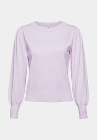 Pull en maille lilas à manches longues avec épaules ballons et poignets ajustés, col rond et taille légèrement cintrée.