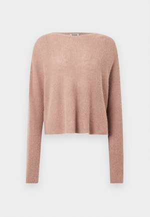 Ljusrosa kort tröja gjord av mjukt, ribbat material, med långa ärmar och en bred halsringning. Enkel, minimalistisk design.