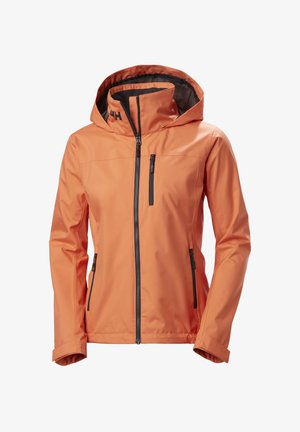 Orange waterproof jacket featuring a high collar, zippered pockets, and a fitted design with a hood and adjustable cuffs.