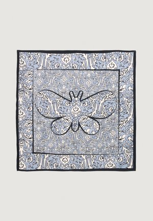 Cachecol de seda quadrado com uma ilustração central de uma borboleta em contorno preto, rodeada por padrões florais intrincados em azul e creme.