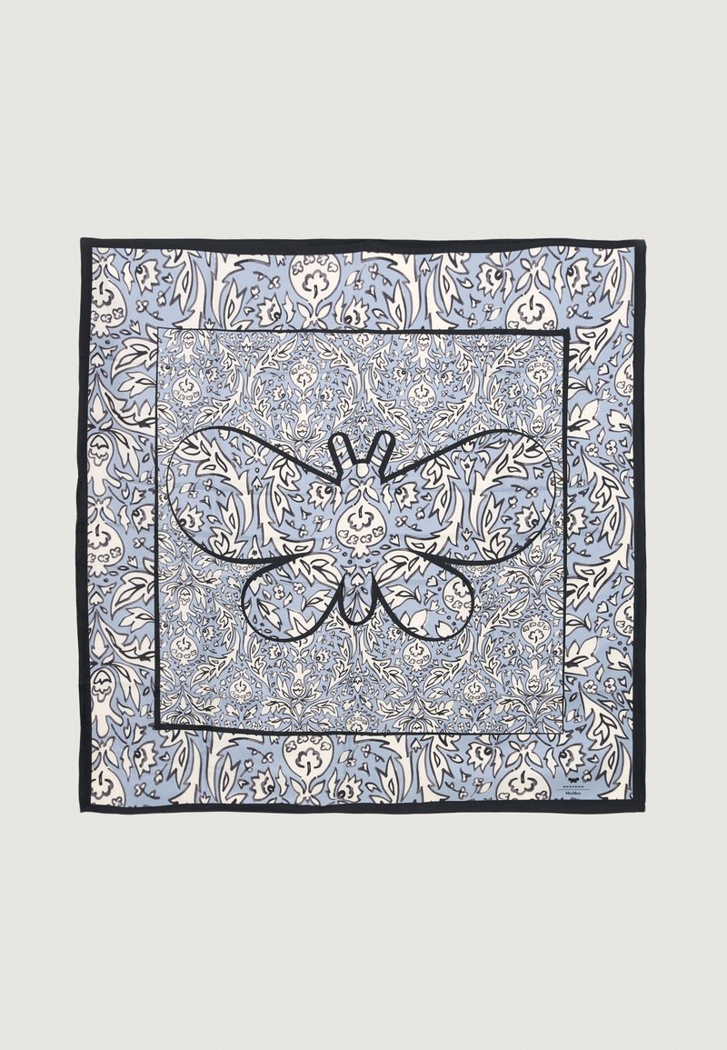 Τετράγωνο μεταξωτό κασκόλ με κεντρική εικονογράφηση ενός πεταλούδας σε μαύρη περίγραμμα, περιτριγυρισμένο από περίπλοκα λουλουδάτα μοτίβα σε μπλε και κρέμα.