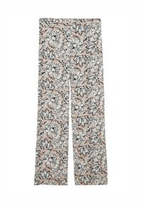 Pantalons fleuris avec un imprimé floral noir et blanc sur un fond pêche doux. Le tissu est léger avec une coupe droite.