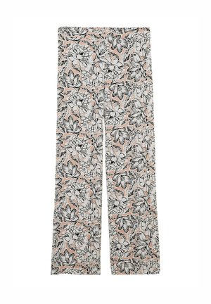 Pantalons fleuris avec un imprimé floral noir et blanc sur un fond pêche doux. Le tissu est léger avec une coupe droite.