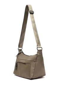 Borsa a spalla taupe con tracolla regolabile, tasca frontale con zip e scomparto principale con zip.