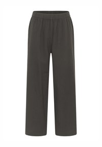 Pantalons gris foncé à jambes larges en tissu doux avec taille élastique. Présente des ourlets droits et sans poches ni ornements visibles.