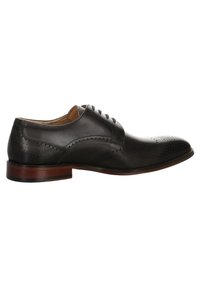 Schwarze Leder-Halbschuhe mit runder Spitze, dekorativen Broguedetails und braunem Holzsohle. Schnürdesign mit kontrastierenden marineblauen Schnürsenkeln.