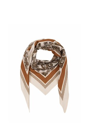 Square scarf folded in a triangle shape with brown and cream paisley and geometric patterns on a white background.