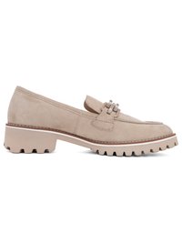 Beige suede loafer with chunky treaded sole, low block heel, and metal bit detail across the vamp.