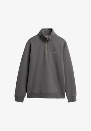 Szara bluza z zamkiem błyskawicznym na ćwierć, z wysokim kołnierzem, miękką fakturą i ściągaczami u rękawów. Posiada małe logo na piersi i prosty dół.