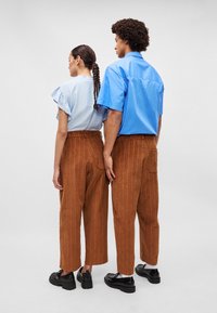 Top azul claro de manga curta com detalhes em pregas, combinado com calças de veludo cotelê castanhas. Sapatos pretos com detalhes em tachas. Fundo neutro.