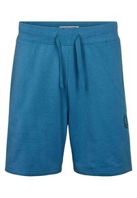 Modré bavlněné šortky s elastickým pasem a šňůrkou. Na dolní části levé nohy se nachází malé černé logo. Délka do poloviny stehna.