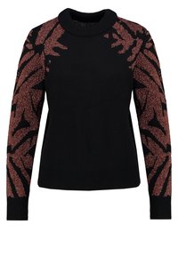 Svart tröja med långa ärmar, ribbad rund halsringning och kontrasterande roséguld djurmönster på ärmarna. Mjuk, texturerad stickad tyg.