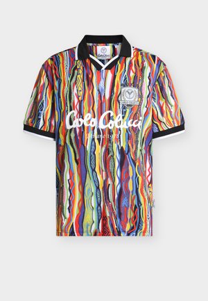 Kortærmet polo med sort krave, flerfarvede bølgede lodrette striber og hvidt "Carlo Colucci Milano 1978" logo foran.
