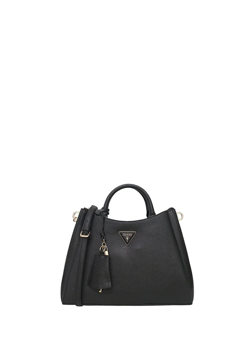 Borsa a tracolla sintetica nera con un design strutturato, manici superiori, tracolla rimovibile, hardware in tono oro, con una placca con logo e ciondolo.