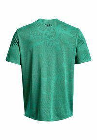 Grön kortärmad atletisk tröja tillverkad av lättviktigt material, med ett strukturerat mönster och rundad halsringning. Under Armour-logotyp på baksidan.