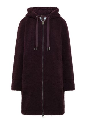 Tumman violetin pitkä fleece-takki hupulla, etuvetoketjulla, nyöreillä ja kahdella suurella etutaskulla.