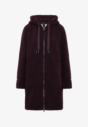 Dunkellila langer Fleece-Mantel mit Kapuze, Frontreißverschluss, Kordelzügen und zwei großen Fronttaschen.