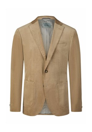 Beige corduroy herenblazer met notch-revers, twee klepzakken aan de voorkant, eenvoudige sluiting met twee knopen en een patroonrijke voering.