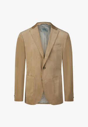Beige corduroy herenblazer met notch-revers, twee klepzakken aan de voorkant, eenvoudige sluiting met twee knopen en een patroonrijke voering.