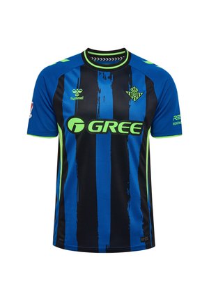 Niebiesko-czarna koszulka do piłki nożnej w paski z krótkim rękawem i neonowo-zielonym obszyciem, sponsor GREE, logo Hummel oraz herb klubu Real Betis z przodu.
