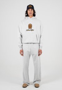 Felpa grigia con cappuccio e tasca frontale, caratterizzata da un logo stampato colorato. Abbinata a pantaloni della tuta grigi e scarpe slip-on marroni.