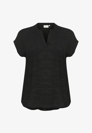 Schwarze Kurzarmbluse aus leichtem Stoff mit V-Ausschnitt und lockerer Passform, die eine subtile Textur aufweist.