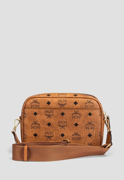 Brown leather crossbody bag with black logos and diamond shapes, featuring an adjustable woven strap and gold-tone hardware.