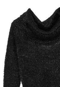 Schwarzer Pullover mit Kapuze aus weichem, strukturiertem Stoff mit einem flauschigen Aussehen. Lange Ärmel und drapierter Kragen.
