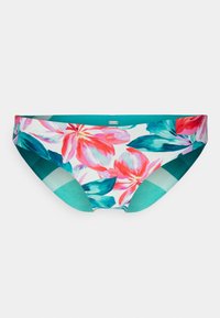Parte de baixo de biquíni floral com uma base branca e flores em rosa e azul-turquesa, complementada por painéis laterais sólidos em azul-turquesa. Tecido macio e elástico.