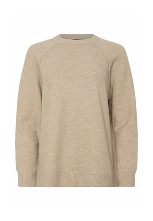 Beige striktrøje med ribbede manchetter og kant, rund udskæring og raglanærmer. Blød tekstur med en behagelig pasform.