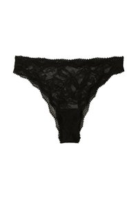 Zwarte kanten string met bloemenpatronen, gegolfde randen en een effen zwarte tailleband. Zachte, lichtgewicht textuur met minimale bedekking.
