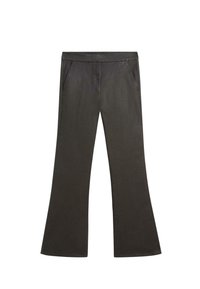 Dark gray straight-leg pants with side pockets and a fitted waistband, laid flat on a white background.