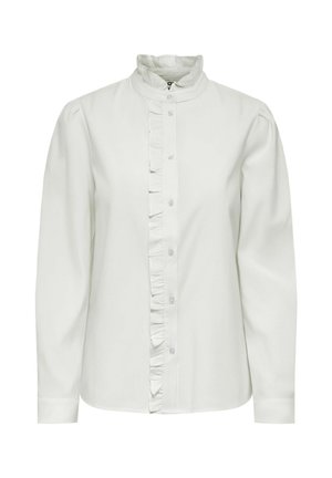 Blouse blanche à manches longues avec bordure à volants le long de la patte de boutonnage et col montant à volants, coupe ajustée et manches à poignets.