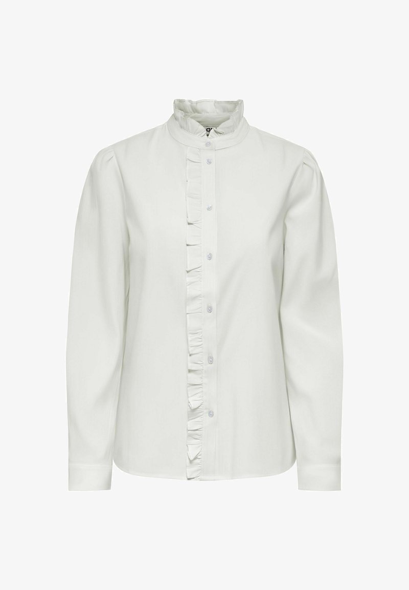 Blouse blanche à manches longues avec bordure à volants le long de la patte de boutonnage et col montant à volants, coupe ajustée et manches à poignets.