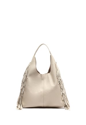 Beige Leder-Hobo-Tasche mit einem einzelnen Henkel und langen Fransen entlang beider Seiten, dargestellt auf einem weißen Hintergrund.