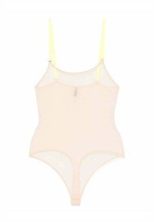 Beiger, transparenter Body mit verstellbaren, neon-gelben Spaghettiträgern und einem Tanga-Boden.