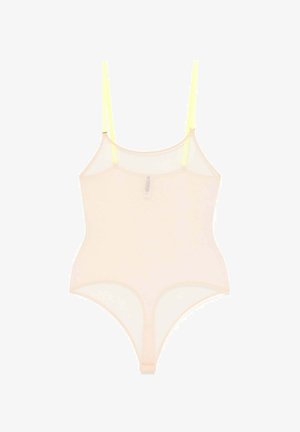 Bodysuit beige transparent avec des bretelles spaghetti ajustables en néon jaune et une culotte string.