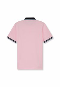 Lichtroze polo shirt met een zwarte kraag en gestreepte accenten op de mouwen. Gemaakt van soepel materiaal, heeft een klassieke pasvorm en korte mouwen.