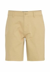 Shorts en coton beige à coupe droite, fermeture à bouton sur le devant, poches latérales et détails de couture le long des coutures. Texture lisse.