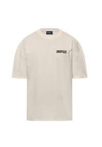 Cremefarbiges T-Shirt mit kurzen Ärmeln aus Baumwolle, mit rundem Ausschnitt und dem Text "DROPSIZE" in Schwarz auf der linken Brustseite.