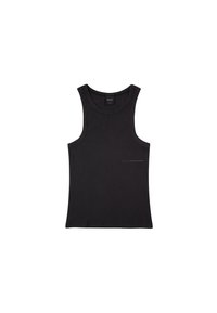 Svart ribbet tanktopp med rund halslinning og brede skulderstropper. Har et lite trykt logo foran, laget av elastisk stoff.
