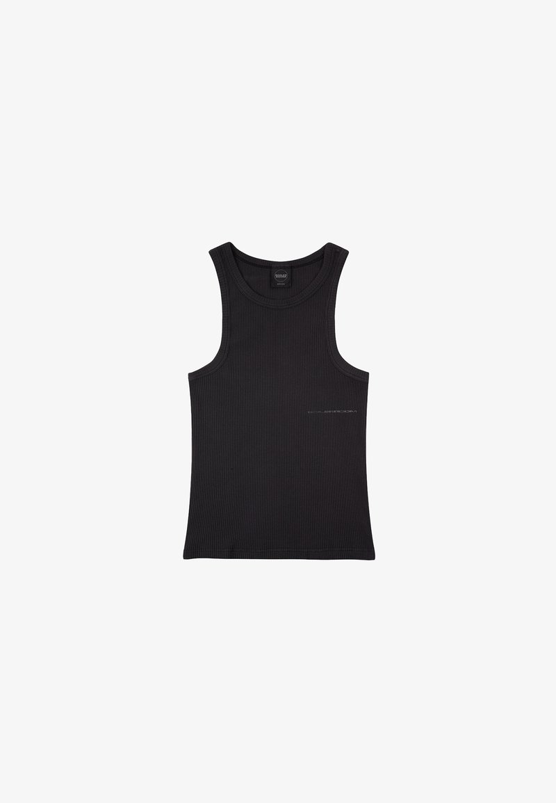 Čierny rebrovaný tielko s širokými ramienkami a zaobleným výstrihom. Na prednej strane jemný potlačený detail.