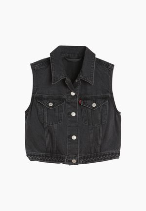 Gilet sans manches en denim noir avec un col pointu, des boutons à l'avant, deux poches poitrine et des détails tressés le long de l'ourlet.