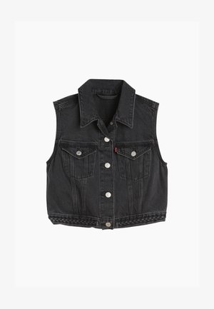 Gilet senza maniche in denim nero con colletto a punta, bottoni anteriori, due tasche sul petto e dettagli intrecciati lungo l'orlo.