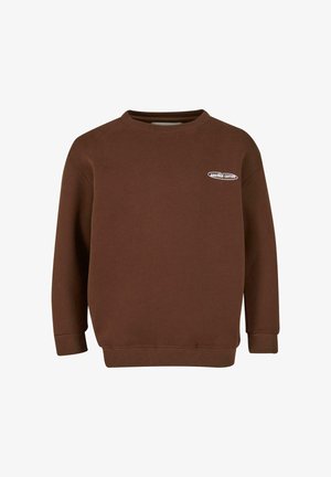 Brauner Pullover aus Baumwolle mit Rundhalsausschnitt, gerippten Bündchen und Saum. Verfügt über ein kleines weißes Logo auf der Brust.