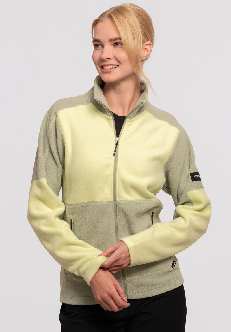 Chaqueta de forro polar con un diseño de bloques de color verde claro y amarillo pálido, cuello alto, cierre de cremallera en la parte delantera y bolsillos laterales. Textura suave y corte deportivo.